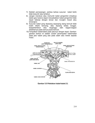 219
7) Setelah pemasangan, periksa bahwa susunan kabel listrik
tidak terpuntir atau tertekuk.
8) Jangan menekuk atau memuntir kabel pengontrol (misalnya
kabel gas) karena dapat menyebabkan kabel pengontrol tidak
dapat bekerja dengan lancar dan mungkin macet atau
tersangkut.
9) Susunan kabel yang dipasang sepanjang stang kemudi tidak
boleh ditarik kencang, atau dipsang terlalu longgar,
terjepit/tertekuk atau terganggu oleh bagian-bagian
disekitarnya pada semua posisi kemudi.
10) Tempatkan kabel-kabel pada jalurnya dengan tepat. Gambar-
gambar berikut ini adalah contoh penempatan kabel-kabel
pada jalur kabel yang ada pada salah satu merek sepeda
motor.
Gambar 5.5 Peletakan kabel-kabel (1)
 