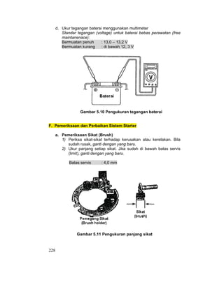 228
d. Ukur tegangan baterai menggunakan multimeter
Standar tegangan (voltage) untuk baterai bebas perawatan (free
maintanenace):
Bermuatan penuh : 13,0 – 13,2 V
Bermuatan kurang : di bawah 12, 3 V
Gambar 5.10 Pengukuran tegangan baterai
F. Pemeriksaan dan Perbaikan Sistem Starter
a. Pemeriksaan Sikat (Brush)
1) Periksa sikat-sikat terhadap kerusakan atau keretakan. Bila
sudah rusak, ganti dengan yang baru.
2) Ukur panjang setiap sikat. Jika sudah di bawah batas servis
(limit), ganti dengan yang baru.
Batas servis : 4,0 mm
Gambar 5.11 Pengukuran panjang sikat
 