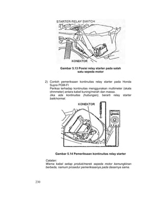 230
Gambar 5.13 Posisi relay starter pada salah
satu sepeda motor
2) Contoh pemeriksaan kontinuitas relay starter pada Honda
Supra PGM-FI
Periksa terhadap kontinuitas menggunakan multimeter (skala
ohmmeter) antara kabel kuning/merah dan massa.
Jika ada kontinuitas (hubungan), berarti relay starter
baik/normal.
Gambar 5.14 Pemeriksaan kontinuitas relay starter
Catatan:
Warna kabel setiap produk/merek sepeda motor kemungkinan
berbeda, namum prosedur pemeriksaanya pada dasarnya sama.
 