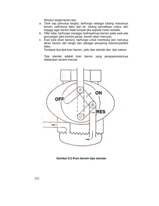 252
Struktur tangki terdiri dari;
a. Tank cap (penutup tangki); berfungsi sebagai lubang masuknya
bensin, pelindung debu dan air, lubang pernafasan udara, dan
mejaga agar bensin tidak tumpah jika sepeda mesin terbalik.
b. Filler tube; berfungsi menjaga melimpahnya bensin pada saat ada
goncangan (jika kondisi panas, bensin akan memuai).
c. Fuel cock (kran bensin); berfungsi untuk membuka dan menutup
aliran bensin dari tangki dan sebagai penyaring kotoran/partikel
debu.
Terdapat dua tipe kran bensin, yaitu tipe standar dan tipe vakum.
Tipe standar adalah kran bensin yang pengoperasiannya
dialakukan secara manual.
Gambar 6.2 Kran bensin tipe standar
 