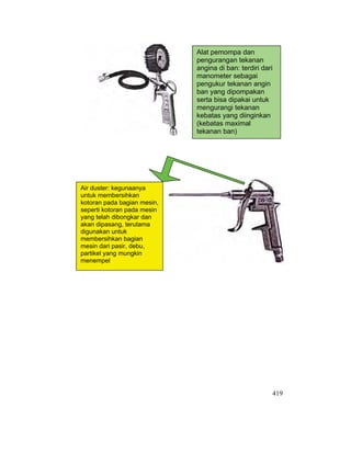 419
Alat pemompa dan
pengurangan tekanan
angina di ban: terdiri dari
manometer sebagai
pengukur tekanan angin
ban yang dipompakan
serta bisa dipakai untuk
mengurangi tekanan
kebatas yang diinginkan
(kebatas maximal
tekanan ban)
Air duster: kegunaanya
untuk membersihkan
kotoran pada bagian mesin,
seperti kotoran pada mesin
yang telah dibongkar dan
akan dipasang, terutama
digunakan untuk
membersihkan bagian
mesin dari pasir, debu,
partikel yang mungkin
menempel
 