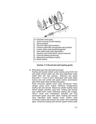 331
Gambar 7.13 Konstruksi plat kopling ganda
b) Multi-plate type (tipe plat kopling banyak)
Kopling plat banyak adalah suatu kopling yang terdiri dari
plat gesek (friction plate) dan plat yang digerakkan (plain
plate) lebih dari satu pasang. Biasanya plat gesek
berjumlah 7, 8 atau 9 buah. Sedangkan plain plate selalu
kurang satu dari jumlah plat gesek karena penempatan
plain plate selalu diapit diantara plat gesek.
Pada umumnya sepeda motor yang mempunyai mesin
dengan posisi poros engkol melintang menggunakan
kopling tipe plat banyak. Alasannya adalah kopling dapat
dibuat dengan diameter yang kecil. Kopling plat banyak
juga sedikit lebih ringan dibanding kopling plat tunggal,
namun masih bisa memberikan kekuatan dan luas
permukaan gesek yang lebih besar. Kopling plat banyak
yang digunakan pada sepeda motor modern pada
umumnya kopling plat banyak tipe basah (wet multi-plate
type). Konstruksi kopling plat banyak seperti terlihat pada
1a. Flywheel (roda gaya)
1. Clutch housing (rumah kopling)
2. Spring (pegas)
3. Pressure plate (plat penekan)
4. Pressure plate lifter (pengangkat plat penekan
5. Friction plates (plat gesek/penggerak)
6. Plain plates (plat yang digerakkan)
7. Gearbox input shaft (poros masuk transmisi)
8. Pushrod (batang pendorong)
9. Mekanisme pembebas kopling
10. Kabel kopling
 