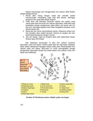 350
Adapun keuntungan dari menggunakan rem cakram (Disk Brake)
adalah sebagai berikut:
1. Panas akan hilang dengan cepat dan memiliki sedikit
kecendrungan menghilang pada saat disk dibuka. Sehingga
pengaruh rem yang stabil dapat terjamin.
2. Tidak akan ada kekuatan tersendiri seperti rem sepatu yang
utama pada saat dua buah rem cakram digunakan, tidak akan ada
perbedaan tenaga pengereman pada kedua sisi kanan dan kiri
dari rem. Sehingga sepeda motor tidak mengalami kesulitan untuk
tertarik kesatu sisi.
3. Sama jika rem harus memindahkan panas, Clearence antara rem
dan bantalan akan sedikit berubah. Kerena itu tangkai rem dan
pedal dapat beroperasi dengan normal.
4. Jika rem basah, maka air tersebut akan akan dipercikkan keluar
dengan gaya Sentrifugal.
Dari beberapa keuntungan di atas rem cakram terutama
digunakan untuk rem depan. Karena pada saat rem digunakan sebagian
besar beban dibebankan kebagian depan maka perlu menempatkan rem
cakram pada rem depan. Baru-baru ini untuk meningkatkan tenaga
pengereman digunakan double disc brake sistem (rem cakram untuk rem
depan dan belakang).
Gambar 8.9 Kekhasan master silinder pada rem depan
1 Reservoir cover 7 Brake lever 12 piston assembly
2 Diaphragm plate 8 Lever pivot bolt 13 spring
3 Rubber diaphragm 9 Pivot bolt locknut 14 rubber boot
4 Protector 10 Dust boot 15 sealing washer
5 Clamp 11 Circlip 16 banyo bolt
6 Brake light switch
No.12
piston
assembly
(primary
cup,piston
and seal)
 