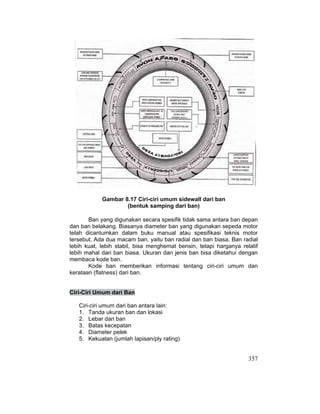 357
Gambar 8.17 Ciri-ciri umum sidewall dari ban
(bentuk samping dari ban)
Ban yang digunakan secara spesifik tidak sama antara ban depan
dan ban belakang. Biasanya diameter ban yang digunakan sepeda motor
telah dicantumkan dalam buku manual atau spesifikasi teknis motor
tersebut. Ada dua macam ban, yaitu ban radial dan ban biasa. Ban radial
lebih kuat, lebih stabil, bisa menghemat bensin, tetapi harganya relatif
lebih mahal dari ban biasa. Ukuran dan jenis ban bisa diketahui dengan
membaca kode ban.
Kode ban memberikan informasi tentang ciri-ciri umum dan
kerataan (flatness) dari ban.
Ciri-Ciri Umum dari Ban
Ciri-ciri umum dari ban antara lain:
1. Tanda ukuran ban dan lokasi
2. Lebar dari ban
3. Batas kecepatan
4. Diameter pelek
5. Kekuatan (jumlah lapisan/ply rating)
 