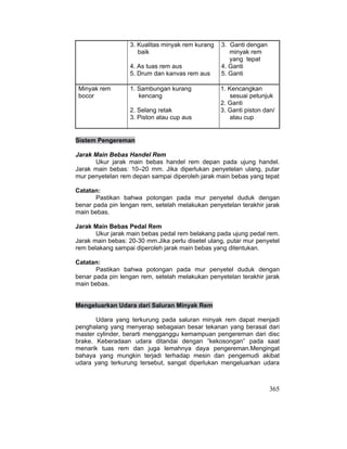 365
3. Kualitas minyak rem kurang
baik
4. As tuas rem aus
5. Drum dan kanvas rem aus
3. Ganti dengan
minyak rem
yang tepat
4. Ganti
5. Ganti
Minyak rem
bocor
1. Sambungan kurang
kencang
2. Selang retak
3. Piston atau cup aus
1. Kencangkan
sesuai petunjuk
2. Ganti
3. Ganti piston dan/
atau cup
Sistem Pengereman
Jarak Main Bebas Handel Rem
Ukur jarak main bebas handel rem depan pada ujung handel.
Jarak main bebas: 10–20 mm. Jika diperlukan penyetelan ulang, putar
mur penyetelan rem depan sampai diperoleh jarak main bebas yang tepat
Catatan:
Pastikan bahwa potongan pada mur penyetel duduk dengan
benar pada pin lengan rem, setelah melakukan penyetelan terakhir jarak
main bebas.
Jarak Main Bebas Pedal Rem
Ukur jarak main bebas pedal rem belakang pada ujung pedal rem.
Jarak main bebas: 20-30 mm.Jika perlu disetel ulang, putar mur penyetel
rem belakang sampai diperoleh jarak main bebas yang ditentukan.
Catatan:
Pastikan bahwa potongan pada mur penyetel duduk dengan
benar pada pin lengan rem, setelah melakukan penyetelan terakhir jarak
main bebas.
Mengeluarkan Udara dari Saluran Minyak Rem
Udara yang terkurung pada saluran minyak rem dapat menjadi
penghalang yang menyerap sebagaian besar tekanan yang berasal dari
master cylinder, berarti mengganggu kemampuan pengereman dari disc
brake. Keberadaan udara ditandai dengan ”kekosongan” pada saat
menarik tuas rem dan juga lemahnya daya pengereman.Mengingat
bahaya yang mungkin terjadi terhadap mesin dan pengemudi akibat
udara yang terkurung tersebut, sangat diperlukan mengeluarkan udara
 