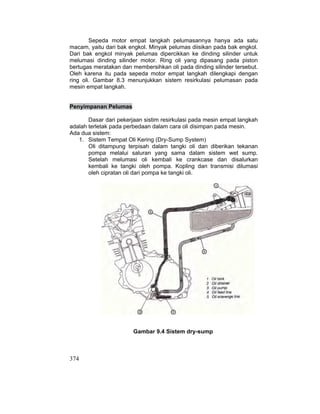 374
Sepeda motor empat langkah pelumasannya hanya ada satu
macam, yaitu dari bak engkol. Minyak pelumas diisikan pada bak engkol.
Dari bak engkol minyak pelumas dipercikkan ke dinding silinder untuk
melumasi dinding silinder motor. Ring oli yang dipasang pada piston
bertugas meratakan dan membersihkan oli pada dinding silinder tersebut.
Oleh karena itu pada sepeda motor empat langkah dilengkapi dengan
ring oli. Gambar 8.3 menunjukkan sistem resirkulasi pelumasan pada
mesin empat langkah.
Penyimpanan Pelumas
Dasar dari pekerjaan sistim resirkulasi pada mesin empat langkah
adalah terletak pada perbedaan dalam cara oli disimpan pada mesin.
Ada dua sistem:
1. Sistem Tempat Oli Kering (Dry-Sump System)
Oli ditampung terpisah dalam tangki oli dan diberikan tekanan
pompa melalui saluran yang sama dalam sistem wet sump.
Setelah melumasi oli kembali ke crankcase dan disalurkan
kembali ke tangki oleh pompa. Kopling dan transmisi dilumasi
oleh cipratan oli dari pompa ke tangki oli.
Gambar 9.4 Sistem dry-sump
 