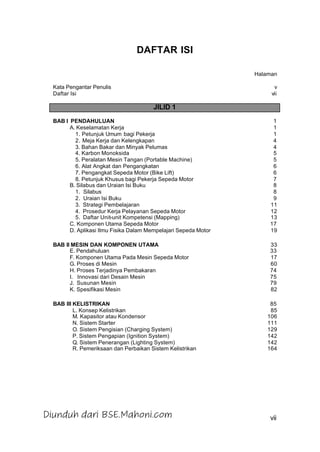 vii
DAFTAR ISI
Halaman
Kata Pengantar Penulis v
Daftar Isi vii
JILID 1
BAB I PENDAHULUAN 1
A. Keselamatan Kerja 1
1. Petunjuk Umum bagi Pekerja 1
2. Meja Kerja dan Kelengkapan 4
3. Bahan Bakar dan Minyak Pelumas 4
4. Karbon Monoksida 5
5. Peralatan Mesin Tangan (Portable Machine) 5
6. Alat Angkat dan Pengangkatan 6
7. Pengangkat Sepeda Motor (Bike Lift) 6
8. Petunjuk Khusus bagi Pekerja Sepeda Motor 7
B. Silabus dan Uraian Isi Buku 8
1. Silabus 8
2. Uraian Isi Buku 9
3. Strategi Pembelajaran 11
4. Prosedur Kerja Pelayanan Sepeda Motor 12
5. Daftar Unit-unit Kompetensi (Mapping) 13
C. Komponen Utama Sepeda Motor 17
D. Aplikasi Ilmu Fisika Dalam Mempelajari Sepeda Motor 19
BAB II MESIN DAN KOMPONEN UTAMA 33
E. Pendahuluan 33
F. Komponen Utama Pada Mesin Sepeda Motor 17
G. Proses di Mesin 60
H. Proses Terjadinya Pembakaran 74
I. Innovasi dari Desain Mesin 75
J. Susunan Mesin 79
K. Spesifikasi Mesin 82
BAB III KELISTRIKAN 85
L. Konsep Kelistrikan 85
M. Kapasitor atau Kondensor 106
N. Sistem Starter 111
O. Sistem Pengisian (Charging System) 129
P. Sistem Pengapian (Ignition System) 142
Q. Sistem Penerangan (Lighting System) 142
R. Pemeriksaan dan Perbaikan Sistem Kelistrikan 164
Diunduh dari BSE.Mahoni.com
 