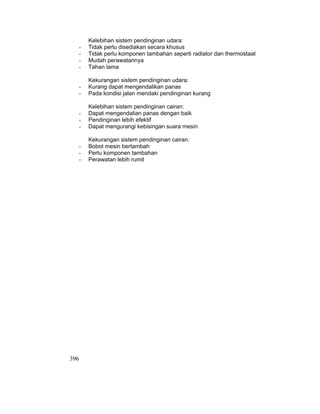 396
Kelebihan sistem pendinginan udara:
- Tidak perlu disediakan secara khusus
- Tidak perlu komponen tambahan seperti radiator dan thermostaat
- Mudah perawatannya
- Tahan lama
Kekurangan sistem pendinginan udara:
- Kurang dapat mengendalikan panas
- Pada kondisi jalan mendaki pendinginan kurang
Kelebihan sistem pendinginan cairan:
- Dapat mengendalian panas dengan baik
- Pendinginan lebih efektif
- Dapat mengurangi kebisingan suara mesin
Kekurangan sistem pendinginan cairan:
- Bobot mesin bertambah
- Perlu komponen tambahan
- Perawatan lebih rumit
 