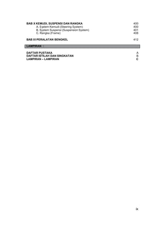 ix
BAB X KEMUDI, SUSPENSI DAN RANGKA 400
A. System Kemudi (Steering System) 400
B. System Suspensi (Suspension System) 401
C. Rangka (Frame) 408
BAB XI PERALATAN BENGKEL 412
LAMPIRAN :
DAFTAR PUSTAKA A
DAFTAR ISTILAH DAN SINGKATAN B
LAMPIRAN – LAMPIRAN C
 