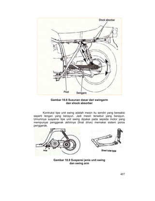 407
Gambar 10.8 Susunan dasar dari swingarm
dan shock absorber
Kontruksi tipe unit swing adalah mesin itu sendiri yang bereaksi
seperti lengan yang berayun. Jadi mesin tersebut yang berayun.
Umumnya suspensi tipe unit swing dipakai pada sepeda motor yang
mempunyai penggerak akhirnya (final drive) memakai sistem poros
penggerak.
Gambar 10.9 Suspensi jenis unit swing
dan swing arm
 
