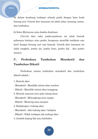 SPERMATOPHYTA
25
[2014]
Di dalam kembang terdapat sebuah putik dengan lima buah
benang sari. Contoh dari tanaman ini ialah cabai, kentang, tomat,
dan tembakau.
h) Suku Myrtaceae atau Jambu-Jambuan
Ciri-ciri dari suku jambu-jambuan ini ialah bentuk
pohonnya berkayu atau perdu, bunganya memiliki mahkota nan
kecil dengan benang sari nan banyak. Contoh dari tanaman ini
ialah cengkeh, jambu air, jambu batu, jambu biji , dan jambu
monyet.
C. Perbedaan Tumbuhan Monokotil dan
Tumbuhan Dikotil
Perbedaan antara tumbuhan monokotil dan tumbuhan
dikotil adalah :
1. Bentuk akar
- Monokotil : Memiliki sistem akar serabut
- Dikotil : Memiliki sistem akar tunggang
2. Bentuk sumsum atau pola tulang daun
- Monokotil : Melengkung atau sejajar
- Dikotil : Menyirip atau menjari
3. Kaliptrogen / tudung akar
- Monokotil : Ada tudung akar / kaliptra
- Dikotil : Tidak terdapat ada tudung akar
4. Jumlah keping biji atau kotiledon
 