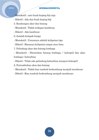 SPERMATOPHYTA
26
Jan. 1[2014]
- Monokotil : satu buah keping biji saja
- Dikotil : Ada dua buah keping biji
5. Kandungan akar dan batang
- Monokotil : Tidak terdapat kambium
- Dikotil : Ada kambium
6. Jumlah kelopak bunga
- Monokotil : Umumnya adalah kelipatan tiga
- Dikotil : Biasanya kelipatan empat atau lima
7. Pelindung akar dan batang lembaga
- Monokotil : Ditemukan batang lembaga, / koleoptil dan akar
lembaga / keleorhiza
- Dikotil : Tidak ada pelindung koleorhiza maupun koleoptil
8. Pertumbuhan akar dan batang
- Monokotil : Tidak bisa tumbuh berkembang menjadi membesar
- Dikotil : Bisa tumbuh berkembang menjadi membesar.
 