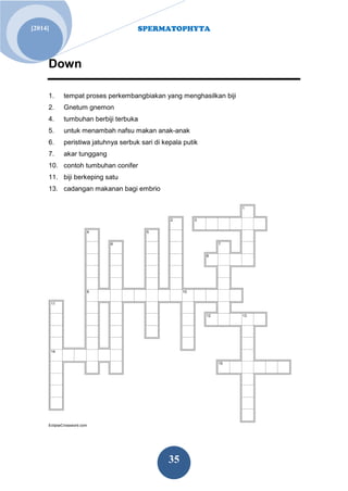 SPERMATOPHYTA
35
[2014]
Down
1. tempat proses perkembangbiakan yang menghasilkan biji
2. Gnetum gnemon
4. tumbuhan berbiji terbuka
5. untuk menambah nafsu makan anak-anak
6. peristiwa jatuhnya serbuk sari di kepala putik
7. akar tunggang
10. contoh tumbuhan conifer
11. biji berkeping satu
13. cadangan makanan bagi embrio
1
2 3
4 5
6 7
8
9 10
11
12 13
14
15
EclipseCrossword.com
 