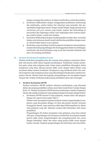 Kerangka Dasar dan Struktur Kurikulum




               bangun semangat dan prakarsa, di depan memberikan contoh dan teladan).
          e.   Kurikulum dilaksanakan dengan menggunakan pendekatan multistrategi
               dan multimedia, sumber belajar dan teknologi yang memadai, dan me-
               manfaatkan lingkungan sekitar sebagai sumber belajar, dengan prinsip alam
               takambang jadi guru (semua yang terjadi, tergelar dan berkembang di
               masyarakat dan lingkungan sekitar serta lingkungan alam semesta dijadi-
               kan sumber belajar, contoh dan teladan).
          f.   Kurikulum dilaksanakan dengan mendayagunakan kondisi alam, sosial dan
               budaya serta kekayaan daerah untuk keberhasilan pendidikan dengan muat-
               an seluruh bahan kajian secara optimal.
          g.   Kurikulum yang mencakup seluruh komponen kompetensi mata pelajaran,
               muatan lokal dan pengembangan diri diselenggarakan dalam keseimbangan,
               keterkaitan, dan kesinambungan yang cocok dan memadai antarkelas dan
               jenis serta jenjang pendidikan.

B.   Struktur Kurikulum Pendidikan Umum
     Struktur kurikulum merupakan pola dan susunan mata pelajaran yang harus ditem-
     puh oleh peserta didik dalam kegiatan pembelajaran. Kedalaman muatan kuriku-
     lum pada setiap mata pelajaran pada setiap satuan pendidikan dituangkan dalam
     kompetensi yang harus dikuasai peserta didik sesuai dengan beban belajar yang
     tercantum dalam struktur kurikulum. Kompetensi yang dimaksud terdiri atas stan-
     dar kompetensi dan kompetensi dasar yang dikembangkan berdasarkan standar kom-
     petensi lulusan. Muatan lokal dan kegiatan pengembangan diri merupakan bagian
     integral dari struktur kurikulum pada jenjang pendidikan dasar dan menengah.

     1.   Struktur Kurikulum SD/MI
          Struktur kurikulum SD/MI meliputi substansi pembelajaran yang ditempuh
          dalam satu jenjang pendidikan selama enam tahun mulai Kelas I sampai dengan
          Kelas VI. Struktur kurikulum SD/MI disusun berdasarkan standar kompetensi
          lulusan dan standar kompetensi mata pelajaran dengan ketentuan sebagai berikut.
          a. Kurikulum SD/MI memuat 8 mata pelajaran, muatan lokal, dan pengem-
               bangan diri seperti tertera pada Tabel 2.
               Muatan lokal merupakan kegiatan kurikuler untuk mengembangkan kom-
               petensi yang disesuaikan dengan ciri khas dan potensi daerah, termasuk
               keunggulan daerah, yang materinya tidak dapat dikelompokkan ke dalam
               mata pelajaran yang ada. Substansi muatan lokal ditentukan oleh satuan
               pendidikan.
               Pengembangan diri bukan merupakan mata pelajaran yang harus diasuh
               oleh guru. Pengembangan diri bertujuan memberikan kesempatan kepada
               peserta didik untuk mengembangkan dan mengekspresikan diri sesuai
               dengan kebutuhan, bakat, dan minat setiap peserta didik sesuai dengan
               kondisi sekolah. Kegiatan pengembangan diri difasilitasi dan atau dibim-

                                                                                                 11
 