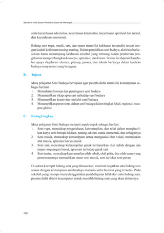 Standar Isi untuk Satuan Pendidikan Dasar dan Menengah




        serta kecerdasan adversitas, kecerdasan kreativitas, kecerdasan spiritual dan moral,
        dan kecerdasan emosional.

        Bidang seni rupa, musik, tari, dan teater memiliki kekhasan tersendiri sesuai den-
        gan kaidah keilmuan masing-masing. Dalam pendidikan seni budaya, aktivitas berke-
        senian harus menampung kekhasan tersebut yang tertuang dalam pemberian pen-
        galaman mengembangkan konsepsi, apresiasi, dan kreasi. Semua ini diperoleh mela-
        lui upaya eksplorasi elemen, prinsip, proses, dan teknik berkarya dalam konteks
        budaya masyarakat yang beragam.

B.      Tujuan

        Mata pelajaran Seni Budaya bertujuan agar peserta didik memiliki kemampuan se-
        bagai berikut.
        1. Memahami konsep dan pentingnya seni budaya
        2. Menampilkan sikap apresiasi terhadap seni budaya
        3. Menampilkan kreativitas melalui seni budaya
        4. Menampilkan peran serta dalam seni budaya dalam tingkat lokal, regional, mau-
            pun global.

C.      Ruang Lingkup

        Mata pelajaran Seni Budaya meliputi aspek-aspek sebagai berikut.
        1. Seni rupa, mencakup pengetahuan, keterampilan, dan nilai dalam menghasil-
            kan karya seni berupa lukisan, patung, ukiran, cetak-mencetak, dan sebagainya
        2. Seni musik, mencakup kemampuan untuk menguasai olah vokal, memainkan
            alat musik, apresiasi karya musik
        3. Seni tari, mencakup keterampilan gerak berdasarkan olah tubuh dengan dan
            tanpa rangsangan bunyi, apresiasi terhadap gerak tari
        4. Seni teater, mencakup keterampilan olah tubuh, olah pikir, dan olah suara yang
            pementasannya memadukan unsur seni musik, seni tari dan seni peran.

        Di antara keempat bidang seni yang ditawarkan, minimal diajarkan satu bidang seni
        sesuai dengan kemampuan sumberdaya manusia serta fasilitas yang tersedia. Pada
        sekolah yang mampu menyelenggarakan pembelajaran lebih dari satu bidang seni,
        peserta didik diberi kesempatan untuk memilih bidang seni yang akan diikutinya.




170
 
