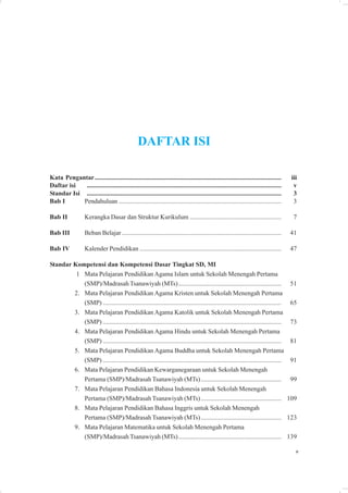 DAFTAR ISI

Kata Pengantar....................................................................................................................        iii
Daftar isi   .........................................................................................................................     v
Standar Isi .........................................................................................................................      3
Bab I       Pendahuluan .....................................................................................................              3

Bab II              Kerangka Dasar dan Struktur Kurikulum .........................................................                        7

Bab III             Beban Belajar ...................................................................................................    41

Bab IV              Kalender Pendidikan ........................................................................................          47

Standar Kompetensi dan Kompetensi Dasar Tingkat SD, MI
         1 Mata Pelajaran Pendidikan Agama Islam untuk Sekolah Menengah Pertama
           (SMP)/Madrasah Tsanawiyah (MTs) ................................................................                               51
        2. Mata Pelajaran Pendidikan Agama Kristen untuk Sekolah Menengah Pertama
           (SMP) ...............................................................................................................         65
        3. Mata Pelajaran Pendidikan Agama Katolik untuk Sekolah Menengah Pertama
           (SMP) ...............................................................................................................         73
        4. Mata Pelajaran Pendidikan Agama Hindu untuk Sekolah Menengah Pertama
           (SMP) ...............................................................................................................         81
        5. Mata Pelajaran Pendidikan Agama Buddha untuk Sekolah Menengah Pertama
           (SMP) ...............................................................................................................         91
        6. Mata Pelajaran Pendidikan Kewarganegaraan untuk Sekolah Menengah
           Pertama (SMP)/Madrasah Tsanawiyah (MTs) ..................................................                                     99
        7. Mata Pelajaran Pendidikan Bahasa Indonesia untuk Sekolah Menengah
           Pertama (SMP)/Madrasah Tsanawiyah (MTs) ..................................................                                    109
        8. Mata Pelajaran Pendidikan Bahasa Inggris untuk Sekolah Menengah
           Pertama (SMP)/Madrasah Tsanawiyah (MTs) ..................................................                                    123
        9. Mata Pelajaran Matematika untuk Sekolah Menengah Pertama
           (SMP)/Madrasah Tsanawiyah (MTs) ................................................................                              139

                                                                                                                                            v
 