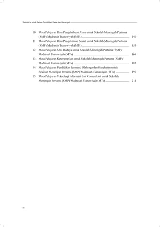 Standar Isi untuk Satuan Pendidikan Dasar dan Menengah




           10. Mata Pelajaran Ilmu Pengehahuan Alam untuk Sekolah Menengah Pertama
               (SMP)/Madrasah Tsanawiyah (MTs) ................................................................        149
           11. Mata Pelajaran Ilmu Pengetahuan Sosial untuk Sekolah Menengah Pertama
               (SMP)/Madrasah Tsanawiyah (MTs) ................................................................        159
           12. Mata Pelajaran Seni Budaya untuk Sekolah Menengah Pertama (SMP)/
               Madrasah Tsanawiyah (MTs) ...........................................................................   169
           13. Mata Pelajaran Keterampilan untuk Sekolah Menengah Pertama (SMP)/
               Madrasah Tsanawiyah (MTs) ...........................................................................   183
           14. Mata Pelajaran Pendidikan Jasmani, Olahraga dan Kesehatan untuk
               Sekolah Menengah Pertama (SMP)/Madrasah Tsanawiyah (MTs) ..................                             197
           15. Mata Pelajaran Teknologi Informasi dan Komunikasi untuk Sekolah
               Menengah Pertama (SMP)/Madrasah Tsanawiyah (MTs) ................................                       211




vi
 