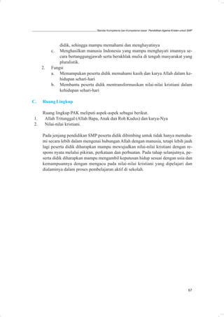 Standar Kompetensi dan Kompetensi dasar: Pendidikan Agama Kristen untuk SMP




              didik, sehingga mampu memahami dan menghayatinya
          c. Menghasilkan manusia Indonesia yang mampu menghayati imannya se-
              cara bertanggungjawab serta berakhlak mulia di tengah masyarakat yang
              pluralistik.
     2.   Fungsi
          a. Memampukan peserta didik memahami kasih dan karya Allah dalam ke-
              hidupan sehari-hari
          b. Membantu peserta didik mentransformasikan nilai-nilai kristiani dalam
              kehidupan sehari-hari

C.   Ruang Lingkup

     Ruang lingkup PAK meliputi aspek-aspek sebagai berikut.
1.    Allah Tritunggal (Allah Bapa, Anak dan Roh Kudus) dan karya-Nya
2.    Nilai-nilai kristiani.

     Pada jenjang pendidikan SMP peserta didik dibimbing untuk tidak hanya memaha-
     mi secara lebih dalam mengenai hubungan Allah dengan manusia, tetapi lebih jauh
     lagi peserta didik diharapkan mampu mewujudkan nilai-nilai kristiani dengan re-
     spons nyata melalui pikiran, perkataan dan perbuatan. Pada tahap selanjutnya, pe-
     serta didik diharapkan mampu mengambil keputusan hidup sesuai dengan usia dan
     kemampuannya dengan mengacu pada nilai-nilai kristiani yang dipelajari dan
     dialaminya dalam proses pembelajaran aktif di sekolah.




                                                                                                          67
 