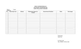 BUKU SUPERVISI KELAS
SD NEGERI 10 PRABUMULIH
TAHUN PELAJARAN 2022/2023
KELAS : I (Satu)
SEMESTER :
No Nama Supervisor Jabatan Pelaksanaan Supervisi /
Perihal
Kesan/Saran Perbaikan Hasil Keterangan
Prabumulih,
Supervisor
Hj, Mislia S,Pd
Nip, 19690815 199210 2 002
 