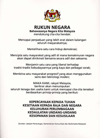 RUKUN NEGARA
Bahawasanya Negara Kita Malaysia
mendukung cita-cita hendak:
Mencapai perpaduan yang Iebih erat dalam kalanga...