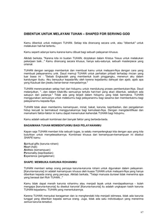 67
DIBENTUK UNTUK MELAYANI TUHAN – SHAPED FOR SERVING GOD
Kamu dibentuk untuk melayani TUHAN. Setiap kita dirancang secara unik, atau "dibentuk" untuk
melakukan hal-hal tertentu.
Kamu seperti adanya kamu karena kamu dibuat bagi sebuah pelayanan khusus.
Alkitab berkata, "Karena kita ini buatan TUHAN, diciptakan dalam Kristus Yesus untuk melakukan
pekerjaan baik..." Kamu dirancang secara khusus, hanya satu-satunya, sebuah masterpiece yang
orisinal.
TUHAN dengan sengaja membentuk dan membuat kamu untuk melayani-Nya dengan cara yang
membuat pelayananmu unik. Daud memuji TUHAN untuk perhatian pribadi terhadap rincian yang
luar biasa ini : "Sebab Engkaulah yang membentuk buah pinggangku, menenun aku dalam
kandungan ibuku. Aku bersyukur kepada-Mu oleh karena kejadianku dahsyat dan ajaib; ajaib apa
yang Kaubuat dan jiwaku benar-benar menyadarinya."
TUHAN merencanakan setiap hari dari hidupmu untuk mendukung proses pembentukan-Nya. Daud
melanjutkan, "...dan dalam kitab-Mu semuanya tertulis hari-hari yang akan dibentuk, sebelum ada
satupun dari padanya." Tidak ada yang terjadi dalam hidupmu yang tidak bermakna. TUHAN
menggunakan semuanya untuk meleburmu bagi pelayananmu bagi sesama dan membentukmu bagi
pelayananmu kepada-Nya.
TUHAN tidak akan memberimu kemampuan, minat, bakat, karunia, kepribadian, dan pengalaman
hidup kecuali Ia bermaksud menggunakannya bagi kemuliaan-Nya. Dengan mengidentifikasi dan
memahami faktor-faktor ini kamu dapat menemukan kehendak TUHAN bagi hidupmu.
Kamu adalah sebuah kombinasi dari banyak faktor yang berbeda-beda.
BAGAIMANA TUHAN MEMBENTUKMU BAGI PELAYANANMU
Kapan saja TUHAN memberi kita sebuah tugas, ia selalu memperlengkapi kita dengan apa yang kita
butuhkan untuk menyelesaikannya. Kombinasi khusus dari kemampuan-kemampuan ini disebut
SHAPE kamu:
Spiritual gifts (karunia rohani)
Heart (hati)
Abilities (kemampuan)
Personality (kepribadian)
Experience (pengalaman)
SHAPE: MEMBUKA KARUNIA ROHANIMU
TUHAN memberi setiap orang percaya karunia-karunia rohani untuk digunakan dalam pelayanan.
[Karunia-karunia] ini adalah kemampuan khusus oleh kuasa TUHAN untuk melayani-Nya yang hanya
diberikan kepada orang yang percaya. Alkitab berkata, "Tetapi manusia duniawi tidak menerima apa
yang berasal dari Roh TUHAN..."
Kamu tidak dapat meraih karunia rohanimu atau menjadi layak untuk mendapatkannya - itulah
mengapa [karunia-karunia] itu disebut karunia! [Karunia-karunia] itu adalah ungkapan kasih karunia
TUHAN kepadamu. TUHAN yang menentukannya.
Karena TUHAN menyukai keragaman dan ia menghendaki kita menjadi istimewa, tidak ada karunia
tunggal yang diberikan kepada semua orang. Juga, tidak ada satu individualpun yang menerima
semua karunia tersebut.
 