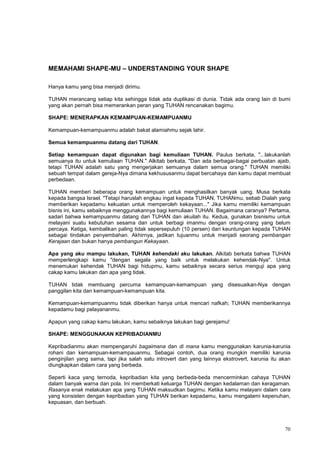 70
MEMAHAMI SHAPE-MU – UNDERSTANDING YOUR SHAPE
Hanya kamu yang bisa menjadi dirimu.
TUHAN merancang setiap kita sehingga tidak ada duplikasi di dunia. Tidak ada orang lain di bumi
yang akan pernah bisa memerankan peran yang TUHAN rencanakan bagimu.
SHAPE: MENERAPKAN KEMAMPUAN-KEMAMPUANMU
Kemampuan-kemampuanmu adalah bakat alamiahmu sejak lahir.
Semua kemampuanmu datang dari TUHAN.
Setiap kemampuan dapat digunakan bagi kemuliaan TUHAN. Paulus berkata, "...lakukanlah
semuanya itu untuk kemuliaan TUHAN." Alkitab berkata, "Dan ada berbagai-bagai perbuatan ajaib,
tetapi TUHAN adalah satu yang mengerjakan semuanya dalam semua orang." TUHAN memiliki
sebuah tempat dalam gereja-Nya dimana kekhususanmu dapat bercahaya dan kamu dapat membuat
perbedaan.
TUHAN memberi beberapa orang kemampuan untuk menghasilkan banyak uang. Musa berkata
kepada bangsa Israel. "Tetapi haruslah engkau ingat kepada TUHAN, TUHANmu, sebab Dialah yang
memberikan kepadamu kekuatan untuk memperoleh kekayaan..." Jika kamu memiliki kemampuan
bisnis ini, kamu sebaiknya menggunakannya bagi kemuliaan TUHAN. Bagaimana caranya? Pertama,
sadari bahwa kemampuanmu datang dari TUHAN dan akuilah itu. Kedua, gunakan bisnismu untuk
melayani suatu kebutuhan sesama dan untuk berbagi imanmu dengan orang-orang yang belum
percaya. Ketiga, kembalikan paling tidak sepersepuluh (10 persen) dari keuntungan kepada TUHAN
sebagai tindakan penyembahan. Akhirnya, jadikan tujuanmu untuk menjadi seorang pembangan
Kerajaan dan bukan hanya pembangun Kekayaan.
Apa yang aku mampu lakukan, TUHAN kehendaki aku lakukan. Alkitab berkata bahwa TUHAN
memperlengkapi kamu "dengan segala yang baik untuk melakukan kehendak-Nya". Untuk
menemukan kehendak TUHAN bagi hidupmu, kamu sebaiknya secara serius menguji apa yang
cakap kamu lakukan dan apa yang tidak.
TUHAN tidak membuang percuma kemampuan-kemampuan yang disesuaikan-Nya dengan
panggilan kita dan kemampuan-kemampuan kita.
Kemampuan-kemampuanmu tidak diberikan hanya untuk mencari nafkah; TUHAN memberikannya
kepadamu bagi pelayananmu.
Apapun yang cakap kamu lakukan, kamu sebaiknya lakukan bagi gerejamu!
SHAPE: MENGGUNAKAN KEPRIBADIANMU
Kepribadianmu akan mempengaruhi bagaimana dan di mana kamu menggunakan karunia-karunia
rohani dan kemampuan-kemampauanmu. Sebagai contoh, dua orang mungkin memiliki karunia
penginjilan yang sama, tapi jika salah satu introvert dan yang lainnya ekstrovert, karunia itu akan
diungkapkan dalam cara yang berbeda.
Seperti kaca yang ternoda, kepribadian kita yang berbeda-beda mencerminkan cahaya TUHAN
dalam banyak warna dan pola. Ini memberkati keluarga TUHAN dengan kedalaman dan keragaman.
Rasanya enak melakukan apa yang TUHAN maksudkan bagimu. Ketika kamu melayani dalam cara
yang konsisten dengan kepribadian yang TUHAN berikan kepadamu, kamu mengalami kepenuhan,
kepuasan, dan berbuah.
 