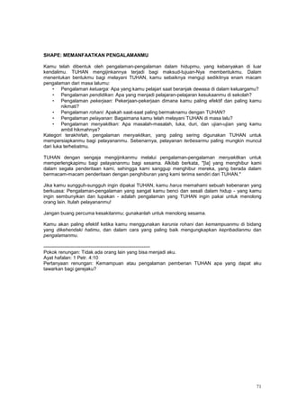 71
SHAPE: MEMANFAATKAN PENGALAMANMU
Kamu telah dibentuk oleh pengalaman-pengalaman dalam hidupmu, yang kebanyakan di luar
kendalimu. TUHAN mengijinkannya terjadi bagi maksud-tujuan-Nya membentukmu. Dalam
menentukan bentukmu bagi melayani TUHAN, kamu sebaiknya menguji sedikitnya enam macam
pengalaman dari masa lalumu:
• Pengalaman keluarga: Apa yang kamu pelajari saat beranjak dewasa di dalam keluargamu?
• Pengalaman pendidikan: Apa yang menjadi pelajaran-pelajaran kesukaanmu di sekolah?
• Pengalaman pekerjaan: Pekerjaan-pekerjaan dimana kamu paling efektif dan paling kamu
nikmati?
• Pengalaman rohani: Apakah saat-saat paling bermaknamu dengan TUHAN?
• Pengalaman pelayanan: Bagaimana kamu telah melayani TUHAN di masa lalu?
• Pengalaman menyakitkan: Apa masalah-masalah, luka, duri, dan ujian-ujian yang kamu
ambil hikmahnya?
Kategori terakhirlah, pengalaman menyakitkan, yang paling sering digunakan TUHAN untuk
mempersiapkanmu bagi pelayananmu. Sebenarnya, pelayanan terbesarmu paling mungkin muncul
dari luka terhebatmu.
TUHAN dengan sengaja mengijinkanmu melalui pengalaman-pengalaman menyakitkan untuk
memperlengkapimu bagi pelayananmu bagi sesama. Alkitab berkata, "[Ia] yang menghibur kami
dalam segala penderitaan kami, sehingga kami sanggup menghibur mereka, yang berada dalam
bermacam-macam penderitaan dengan penghiburan yang kami terima sendiri dari TUHAN."
Jika kamu sungguh-sungguh ingin dipakai TUHAN, kamu harus memahami sebuah kebenaran yang
berkuasa: Pengalaman-pengalaman yang sangat kamu benci dan sesali dalam hidup - yang kamu
ingin sembunyikan dan lupakan - adalah pengalaman yang TUHAN ingin pakai untuk menolong
orang lain. Itulah pelayananmu!
Jangan buang percuma kesakitanmu; gunakanlah untuk menolong sesama.
Kamu akan paling efektif ketika kamu menggunakan karunia rohani dan kemampuanmu di bidang
yang dikehendaki hatimu, dan dalam cara yang paling baik mengungkapkan kepribadianmu dan
pengalamanmu.
------------------------------------------------------------------
Pokok renungan: Tidak ada orang lain yang bisa menjadi aku.
Ayat hafalan: 1 Petr. 4:10
Pertanyaan renungan: Kemampuan atau pengalaman pemberian TUHAN apa yang dapat aku
tawarkan bagi gerejaku?
 