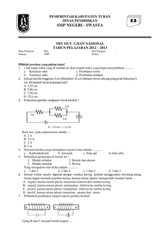 Buku Try Out Pengawas UN  IPA SMP  SMP Negeri 1 Bancar Kabupaten Tuban Tahun 2013