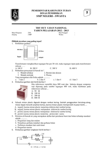 Buku Try Out Pengawas UN  IPA SMP  SMP Negeri 1 Bancar Kabupaten Tuban Tahun 2013