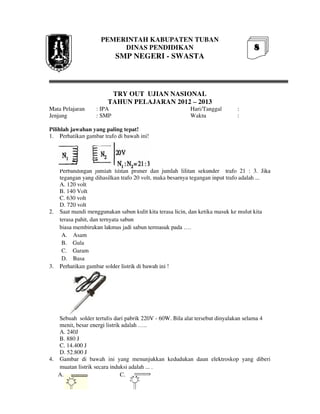 Buku Try Out Pengawas UN  IPA SMP  SMP Negeri 1 Bancar Kabupaten Tuban Tahun 2013