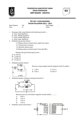 Buku Try Out Pengawas UN  IPA SMP  SMP Negeri 1 Bancar Kabupaten Tuban Tahun 2013