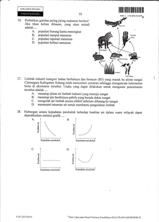 l
DOKUMENNEGARA
(ftirn^t-s
26. Perhatikan gambar jaring-jaring makanan berikut!
Jika tikus kebun dibasmi, yang akan terjadi
adalah....
A. populasi burung hantu meningkat
B. populasi rumput menunln
C. populasi rajawali menurun
D. populasi kelinci menurun
bcri hininr
Limbah industri kategori bahan berbahaya dan beracun (B3) yang masuk ke aliran sungai
Cipunegara Kabupaten Subang telah mencemari perairan sehingga mengancam kelestarian
biota di ekosistem tersebut. Usaha yang dapat dilakukan untuk mengatasi pencemaran
tersebut adalah ....
A. menutup aliran air limbah industri yang menuju sungai
B. menutup ijin berdirinya pabrik yang berada dekat sungai
C. mengolah air limbah secara efektif sebelum dibuang ke sungai
D. menanami tanaman air untuk membantu pengolahan limbah
Hubungan antara kepadatan penduduk terhadap kualitas air dalam suatu wilayah dapat
diprediksikan melalui grafik ....
A.
l lllilril tililililil tililtiltil ilililtililt
10
27.
28.
il
l
B.
d
s
(!
M
ad
v
D.C.
(!
6
Ie
ad
d
v
Kepadatan penduduk Kepadatan penduduk
Kepadatan penduduk Kepadatan penduduk
P-Zt1-2013t2014 ol'lak Clipta pacla Pusitt Pcniltrian Pendiclika-n-BALI'l'8,,NG-KEMDIKBLJT)
 