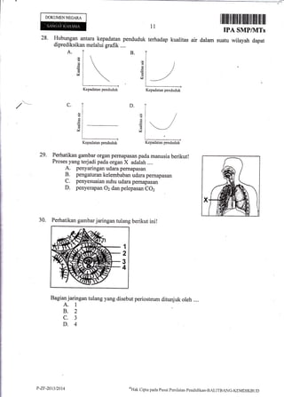 DOKUMENNECARA
28. Hubungan antara kepadatan penduduk
diprediksikan melalui grafik ....
11
terhadap kualitas air dalam
I lililil t[l]ilt il lflilfl]ilililil ilil ilil
IPA SMPINITs
suatu wilayah dapat
A. B.
(d
d
M
d
d
v
'=
d
v
D.C.
CB
d
cd
v
29. Perhatikan gambar organ pernapasan pada manusia berikut!
Proses yang terjadi pada organ X adalah ....
A. penyaringan udara pernapasan
B. pengaturan kelembaban udara pemapasan
C. penyesuaian suhu udara pernapasan
D. penyerapan Oz dan pelepasan CO2
30. Perhatikan gambar jaringan tulang berikut ini!
Bagian jaringan tulang yang disebut periosteum diturjuk oleh ....
A. 1
8.2
c.3
D.4
Kepadatan penduduk Kepadatan penduduk
Kepadatan penduduk
,JKepadatan penduduk
P-Zr-20t3t2014 c)Htrk
Cipta pacla Pusar Pcniliitrn Pendiclikan-BALI'l'BANG-KEMDIKBt/D
 