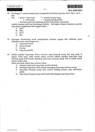 DOKUMENNEGARA
38. Persilangan 2
kktt.
Jika: . genK=bulirkeras
k = bulir pulen
T: tanarnan batang tinggi
t = tanaman batang pendek
I ffililtil tlflll]lffiill]flllllll llll llll
14 IPA sMPtvrrs
varietas tanaman padi menghasilkan kombinasi genotip: KkTt, KKtt, kkTT,
. sifat bulir pulen dan berbatang pendek lebih disukai masyarakat.
Apabila tanaman padi hasil persilangan tersebut disilangkan dengan sesanQanYa, genotip
yang dapat menghasilkan bibit unggul adalah....
A. KKTt
B. KKtt
C. KKTT
D. kktr /
39. Penerapan bioteknologi untuk meningkatkan produksi pangan dari tumbuhan dapat
dilakukan secara cepat dengan cara ....
A. inseminasi buatan
B. kultur jaringan
C. kloning
D. rekayasa genetika
40. Jumlah populasi kupu-kupu Biston betularia yang bersayap terang dan yang gelap di
Inggris relatif sarna, tetapi setelah adanya revolusi industri populasi kupu-kupu yang
bersayap gelap lebih banyak dibanding kupu-kupu bersayap terang. Hal ini terjadi karena
adanya seleksi alam.
Faktor penyebab seleksi alam tersebut adalah ,...
A. makanan kedua jenis kupu-kupu tersebut berbeda
B. pemangsa kupu-kupu lebih mudah menangkap kupu-kupu bersayap terang
C. kupu-kupu bersayap terang lebih sensitif terhadap polutan yang ditimbulkan
pabrik
D. kupu-kupu bersayap terang lebih lemah dibandingkan kupu-kupu hitam '
t,-7,F -2011t2014
u"Hak
Clipta pacla Pusat Penilaian Pendiclikan-BALITBANC-KEMDIKBtJt)
 