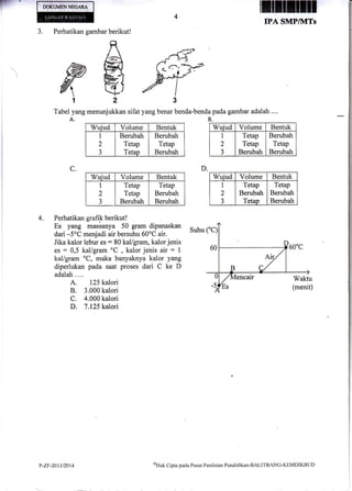 4
IPA SMP/IITS
J. Perhatikan gambar berikut!
Tabel yang menunjukkan sifat y'ang benar benda-benda pada gambar adalah ....
A. B.
Wuiud Volume Bentuk
1
2
J
Berubah
Tetap
Tetao
Berubah
Tetap
Berubah
Wuiud Volume Bentuk
1
2
J
Tetap
Tetap
Berubah
Tetap
Berubah
Berubah
D.C.
4. Perhatikan grafi]< berikut!
Es yang massanya 50 gram dipanaskan
dari -5'C menjadi air bersuhu 60oC air.
Jika kalor lebur es : 80 kal/gram, kalor jenis
es : 0,5 kal/gram oC
, kalor jenis air : 1
kal/gram oC, maka banyaknya kalor yang
diperlukan pada saat proses dari C ke D
adalah ....
A, 125 kalori
B. 3.000 kalori
C. 4.000 kalori
D. 7.125 kalori
Suhu
Wuiud Volume Bentuk
I
2
J
Tetap
Tetap
Berubah
Berubah
Tetap
Berubah
Wuiud Volume Bentuk
1
2
3
Tetap
Berubah
Tetao
Tetap
Berubah
Berubah
P-ZF-2013t2014
oUat Cipta pacla Pusat Penilainn Pcndidikan-BALITBANG-I<EMDIKBL.ID
 