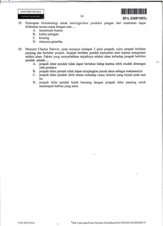 DOKUMEN NEGARA
39. Penerapan bioteknologi untuk meningkatkan produksi pangan
dilakukan secara cepat dengan cara....
IPA SMP/NITs
dari tumbuhan dapat
A. inseminasi buatan
B. kultur jaringan
C. kloning
D. rekayasa genetika
40. Menurut Charles Darwin, pada mulanya terdapat 2 jenis jerapah, yaitu jerapah berleher
panjang dan berleher pendek. Jerapah berleher pendek kemudian mati karena mengalami
seleksi alam. Faktor yang menyebabkan terjadinya seleksi alam terhadap jerapah berleher
pendek adalah....
A. jerapah leher pendek tidak dapat bertahan hidup karena lebih mudah dimangsa
oleh predator
B. jerapah leher pendek tidak dapat menjangkau pucuk daun sebagai makanannya
C. jerapah leher pendek lebih rentan terhadap cuaca ekstrim yang terjadi pada saat
itu
D. jerapah leher pendek kalah bersaing dengan jerapah leher panjang untuk
menempati habitat yang sama
,t4
P-Zr-2013/2014 ulttat Cipta pada Pusat Peniltrian Pcndiclikan-BALITBANG-KEMDIKBI"JI)
 