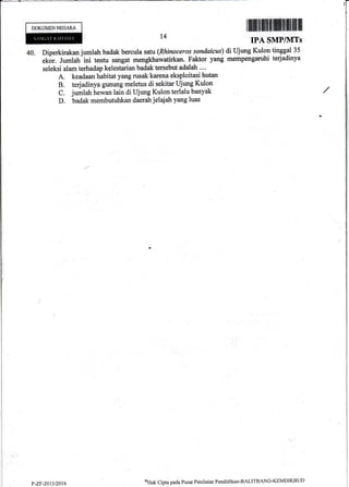 DOKUMEN.NEGARA
t4
40. Diperkirakan jumlah badak bercula satu (Rhinoceros sondaicus) di Ujung Kulon tinggal 35
ekir. Jumlah-ini tentu sa4gat mengk*lawatirkan. Faktor ya4g filerrtpengaruhi tedadinya
seleksi alamterhadap kelestarian badak te?sebtrt adatah ""
A. keadaan habitat yang rusak karena etsploitasi hutan l
B. terjadinya gwlung meletus di sekitar Ujunq Kulon
C. jumlah hewan lain di Ujung Kulon terlalu-banyak
D.
-badak
membutuhkan aaerah jelajah yang luas
IPA SMP&fTs
y-zr-?0r112014 oUat Cipta pacla l,usat Penilaian Pendidikan-BALITBANC-KEMDIKBL.ID
 