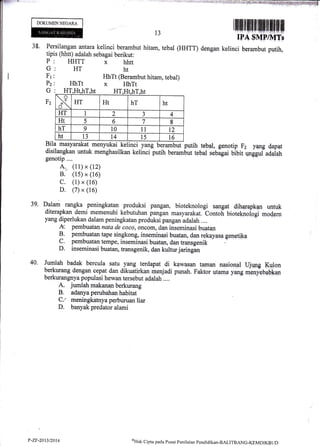 i,. i f ' 1i -!:?:a+ r!:il j:a!1tT,.ri****iraq"*uiigF4l
DOKUMENNEGAM
38. langan antara kelinci berambut
is (hhtt) adalah sebagai berikut:
HHTT x hhtt
HT
I-IhTt
dengan kelinci berambut putih,
13
hitam, tebal (HHTT)Persi
tipis
P:
G
Fr
Pz
G
Fz
ht
HhTt (Berambut hitam, tebal)
x FIhTt
Bila masyarakat menyukai k@putih tebal, gonotip F2 yang dapat
disilangkan untuk menghasilkan kelinci putih ber4p6ut tebal sebigai UiUit ungguiu6*jah
39.
genotip ....
A. (11) x (12)
B. (1s) x (16)
c. (1) x (16)
D. (7) x (16)
Pfl* .rangka peningkatan produksi pangan, bioteknologi $angat dih,gapken untuk
diterapkan demi memenuhi kebutuhan pangan masyarakat. coniofi bioieknoiogi *nd*rn
yang diperlukan dalam peningkatan produksi pangan adalah ....
k. pembuatan nata de coco, o$com, dan inseminasi buatan
B. pembuatan tape singkong, inseminasi buat6n, dan rekayasa genetika
C. pembuatan tempe, inseminasi buatan, dan transgenik
- ."
D. inseminasi buatan, transgenik, dan kultur jaringan
,luglah badak bercula satu yang terdapat.di kawa$an ta{nan na.sional UjUqg Ku.lon
lerkurane dengan cepat dan dikuatirkan menjadi punah. r'aktor u!am? v*g ddiietiuiun
berkurangnya populasi hewan tersebut adalah ....
A. jumlalr makanan berkurang
B. adanya perubahan habitat
Ct rneningkatnya perburuan liar
D. banyak predator alami
40.
H'I',Ht,hT,ht HT,H T
?
3 HT Ht hT ht
HT I 2 3 4
Ht 5 6 7 I
hT 9 10 l1 t2
ht 13 t4 15 I6
P-ZF-20t3/2014 oHtrk Cipta pacla Pusat Penilaian pentlidikan-BALITBANC.KEMDIKBL TD
 