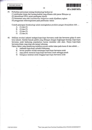 ;lFI''=
DOKUMENNEGAM
t4
ffiilfittfltffiIl$ffiililfltillfr
]
IPA SMP/IVITs
39. Perhatikan pernyataan tentang bioteknologi berikut ini:
(1) pembuatan tempe dari kacang kedelai yang dibantu oleh jamur Rhizopus sp.
(2) rekombinasi DNAuntuk pembuatan insulin
(3) fermentasi susu oleh Lactobacillus bulgaricus untuk diladikan yoghurt
(4) penggunaan mikroorganisme pada pembuatan vaksin
Contoh penerapan bioteknologi untuk meningkatkan produksi pangan ditunjukkan oleh ....
A. (1) dan (2)
B. (1) dan (3)
C. (2) dan (3)
D. (3) dan (a)
40. Seb6lum revolusi industri terdapat kupu-kupu berwarna cerah dan berwarna gelap di suatu
kota industri. Setelah banyak pabrik yang dibangun dengan lingkungan berasap, kupu-kupu
berwarna cerah berkurang populasinya karena terseleksi oleh alam. Hanya kupu-kupu
berwarna hitam yang tetap ada sampai sekarang.
Faktor-faktor yang mendorong terjadinya proses seleksi alam pada kasus di atas adalah ....
A. makanan kupu-kupu semakin berkurang
B. hewan predator mudah memangsa kupu-kupu berwarna cerah
C. asap pabrik meracuni kupu-kupu berwarna cerah sehingga punah
D. hilangnya tanaman untuk hinggap kupu-kupu berwarna cerah
P-ZF-2013/20t4
oHak
Cipta pacla Pusat Penilaian Pendklikan-BALITBANG-I(EMDIKBLID
 