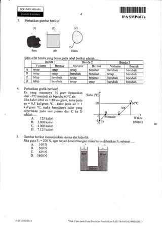 DOKUMEN NEGARA
J. Perhatikan gapbar berikut!
Sifat'sifat benda
Perhatikan grafik berikut!
Es yang massanya 50 gram dipanaskan
Suhudari -5oC menjadi air bersuhu 60oC air.
Jika kalor lebur es : 80 kal/gram, kalor jenis
es = 0,5 kal/gram oC
, kalor jenis air = i
kaligram oC, maka banyaknya kalor yang
diperlukan pada saat proses dari C ke D
adalah....
A. 125 kalori
B. 3.000 kalori
C. 4.000 kalori
D. 7.125 kalori
Gambar berikut menurjukkan skema alat hidrolik.
Jika gaya Fr : 200 N, agar terjadi keseimbangan maka harus diberikan Fz sebesar ,...
A. 160 N
B. 500 N
c. 625 N
D. 1600 N
I tililtil ilt Hil]ffi tililffiflil$ru ffi
IPA SMPIIVITs
(3)
/t1t
(.. li',l
-,,
[' ,,,:l, ,)./
Udara
(2)
r-.-_l
t':':':,:.:.:,:.,
I.:.:.:.:.:,:.:.1
t:.:':.:,:.:.:;:t
li,:,iii,:':,i:il
Air
(t)
4.
5.
Batu
benar tabel berikut adalah ....
Benda 1 Benda 2 Benda 3
Volume Bentuk Volume Bentuk Volume Bentuk
A tetap tetap tetaD berubah berubah berubah
B tetap tetap berubah berubah tetap berubah
C tetap berubah tetap berubah berubah berubah
D tetap berubah tetap tetap berubah berubah
P-Zr:-20t3tza11 TIak Cipta pacla Pusat Pcnilaian Pendiclikan-BAI,ITBANC-KEMDIKBLTD
 