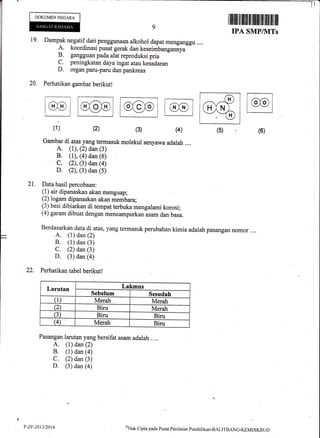 DOKUMEN NEGARA
ilrrilil il uflt ffi tffiilt ililfltfl ilfl til
IPA SMP/UITs
19. Dampak negatifdari penggunaan alkohol dapat menganggu ....
A. koordinasi pusat gerak dan keseimbangannya
B. gangguan pada alat reproduksi pria
C. peningkatan daya ingat atau kesadaran
D. organ paru-paru dan pankreas
20. Perhatikan gambar berikutl
i
(1) (2)
Gambar di atas yang termasuk
A. (t), (2) dan (3)
B. (1), (4) dan (6)
C. (2), (3) dan (4)
D. (2), (3) dan (s)
21. Data hasil percobaan:
molekul senyawa adalah ,..,
(l) air dipanaskan akan menguap;
(2) logam dipanaskan akan membara;
(3) besi dibiarkan di tempat terbuka mengalami korosi;
(4) garam dibuat dengan mencampurkan asam dan basa.
Berdasarkan data di atas, yang termasuk perubahan kimia adalah pasangan nomor ....
A. (1) dan (2)
B. (l) dan (3)
C. (2) dan (3)
D. (3) dan (a)
22. Perhatikan tabel berikutl
Larutan Lakmus
Sebelum Sesudah
(1) Merah Merah
(2 Biru Merah
(3) Biru Biru
(4)' Merah Biru
Pasangan larutan yang bersifat asam adalah ....
A. (1) dan (2)
B. (l) dan (a)
C. (2) dan (3)
D. (3) dan (a)
(6)(5)
P-ZF-20t3t2014 aHak
Cipta pada Pusat Penilaian Pendiclikarr-BALITBANG.KEMDIKBT tD
 