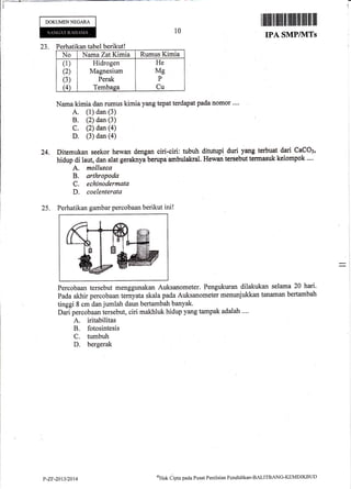 DOKUMENNEGARA
10
r ffiilu til lllffi il lillll lfl ffiil ilil lll
IPA SMP/1VITs
23. Perhatikan tabel berikut!
No Nama ZatKimia Rumus Kimia
(1)
(2)
(3)
(4)
Hidrogen
Magnesium
Perak
Tembasa
He
Mg
P
Cu
Nama kimia dan rumus kimia yang tepat terdapat pada nomor ....
A. (t) dan (3)
B. (2) dan (3)
C. (2) dan (a)
D. (3) dan (a)
Ditemukan seekor hewan dengan ciri-ciri: tubuh {ttutupf duri- yang terbuat dari CaCO:,
hidup di laut, dan alat geraknya berupa'ambulakral. Hewan tersebut termasuk kelompok ..,.
A. mollusca
B. arthropoda
C. echinodermata
D. coelenterata
24.
25. Perhatikan gambar percobaan berikut ini!
Percobaan tersebut menggunakan Auksanometer. Pengukuran dilakukan selama 20 hari.
Pada akhir percobaan ternyata skala pada Auksanometer menunjukkan tanaman bertambah
tinggi 8 cm dan jumlah daun bertambah banyak.
Dari percobaan tersebut, ciri makhluk hidup yang tampak adalah ....
A. iritabilitas
B. fotosintesis
C. tumbuh
D. bergerak
P-Z.F-20t3nOt4
uTttrt Ciipta pada Pusat Penilaian Pendiclikan-BALITBANG'KEN{DIKBLID
 