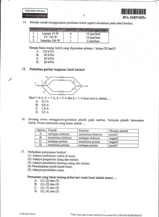 DOKUMENNEGARA
I lllillil]llilfl fifi ltililt]ilfl ilttilffi il
IPA SMPIMITs
14. Sebuah rumah menggunakan peralatan listrik seperti tercantum pada tabel berikut.
15.
Berapa besar energi listrik yang digunakan selama I
A, 120 kWh
B, 60 kwh
c. 40 kwh
D, 20 kwh
Perhatikan gambar rangkaian listrik berikut!
bulan (30 hari)?
JikaI = 6 A. Ir : 1 A, lt =2A danla : 1 Akuat arus Is adalah....
A. 0,5 A
B. 0,6 A
C. I,O A
D. 2,0 A
leorynS siswa menggosok-gosokkan plastik pada rambut. Ternyata plastik bermuatan
listrik. Proses pemuatan yang benar adalah ....
, Option Plastik Rambut Muatan plastik
A. melepas elektron menerima elektron positif
B. menerima elektron melepas elektron neeatif
C. melepas proton menerima proton negatif
D. menerima proton melepas proton positif
17. Perhatikan pernyataan berikut!
(1) Adanya perbedaan waktu di bumi.
(2) Adanya pergantian siang dan malam.
(3) Adanya perubahan larnanya siang dan malam.
(4) Pemampatan kutub-kutub bumi.
(5) Adanya perubahan cuaca.
Pernyataan yang benar tentang akibat dari rotasi bumi adalah nomor ....
A. (1), (2) dan (3)
B. (1), (2) dan (a)
C. (2), (3) dan (a)
D. (3), (4) dan (5)
16.
Lampu 10 W
w100w
seterika 300 w
10 jam/hari
10 jam/trari
P-ZF-20t3/20t4 c'I"lak
Cipta pacla Pusat Pcnilirian po,*oi,kan-BALITBzNG-KEN{DIKBUD
 