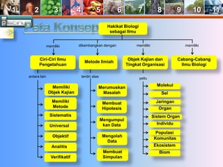 1 2 3 4 5 6 7 8 9 10 11 
memiliki dikembangkan dengan memiliki memiliki 
Memiliki 
Objek Kajian 
Memiliki 
Metode 
Hakikat Biologi 
sebagai Ilmu 
Ciri-Ciri Ilmu 
Pengetahuan 
Metode Ilmiah 
Objek Kajian dan 
Tingkat Organisasi 
Cabang-Cabang 
Ilmu Biologi 
Sistematis 
Universal 
Objektif 
Analitis 
Verifikatif 
Merumuskan 
Masalah 
Membuat 
Hipotesis 
Mengumpul 
kan Data 
Membuat 
Simpulan 
Molekul 
Sel 
Jaringan 
Organ 
Sistem Organ 
Individu 
Populasi 
Komunitas 
Ekosistem 
Biom 
antara lain terdiri atas yaitu 
Mengolah 
Data 
 