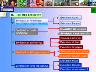 1 2 3 4 5 6 7 8 9 10 11 
B. Tipe-Tipe Ekosistem 
Ekosistem Alami 
Ekosistem Binaan 
Berdasarkan keterlibatan 
atau campur tangan manusia 
Berdasarkan media 
tumbuhnya 
Ekosistem air (akuatik) 
Ekosistem darat (terestrial) 
Berdasarkan salinitasnya 
Ekosistem air tawar 
Ekosistem air laut 
Ekosistem air payau 
Berdasarkan ketinggian tempat Ekosistem dataran rendah 
Ekosistem dataran tinggi 
Berdasarkan jenis vegetasinya 
Ekosistem hutan 
Ekosistem tegakan 
Ekosistem savana/rumput 
 