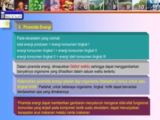 1 2 3 4 5 6 7 8 9 10 11 
3. Piramida Energi 
Pada ekosistem yang normal: 
total energi produsen > energi konsumen tingkat I 
energi konsumen tingkat I > energi konsumen tingkat II 
energi konsumen tingkat II > energi oleh konsumen tingkat III 
Dalam piramida energi, dimasukkan faktor waktu sehingga dapat menggambarkan 
banyaknya organisme yang dihasilkan dalam satuan waktu tertentu 
Kelemahan piramida energi adalah tiap organisme ditetapkan hanya untuk satu 
tingkat trofik. Padahal, untuk beberapa organisme, tingkat trofik dapat bervariasi 
berdasarkan apa yang dimakannya. 
Piramida energi dapat memberikan gambaran menyeluruh mengenai sifat-sifat fungsional 
komunitas yang terjadi pada komponen biotik suatu ekosistem; dapat menunjukkan 
kecepatan arus makanan melalui rantai makanan 
 