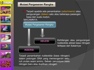1 
2 
3 
4 
5 
6 
7 
Terjadi apabila ada penambahan (adisi/insersi) atau 
pengurangan (delesi) satu atau beberapa pasangan 
basa dari suatu kodon. 
MACAMNYA: 
Mutasi Pergeseran Rangka 
DELESI 
INSERSI 
Kehilangan atau pengurangan 
nukleotida akibat basa nitrogen 
terlepas dari ikatannya 
Terjadi penambahan nukleotida (basa nitrogen) 
dalam potongan DNA yang memengaruhi selu-ruh 
urutan asam amino. Sebab: penyisipan basa 
nitrogen baru atau duplikasi nitrogen. 
 