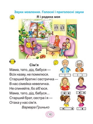 Ñ³ì’ÿ
Ìàìà, òàòî, ä³ä, áàáóñÿ —
Âñ³õ íàçâó, íå ïîìèëþñÿ.
Ñòàðøèé áðàòèê ³ ñåñòðè÷êà —
Â íàñ ñ³ìåéêà íåâåëè÷êà.
Íå ñïèíÿéòå, áî ç³á’þñÿ.
Ìàìà, òàòî, ä³ä, áàáóñÿ...
Ñòàðøèé áðàò, ñåñòðà ³ ÿ —
Îòàêà ó íàñ ñ³ì’ÿ.
Âàðâàðà Ãðèíüêî
ß ³ ðîäèíà ìîÿ
10
Çâóêè ìîâëåííÿ. Ãîëîñí³ ³ ïðèãîëîñí³ çâóêè
 