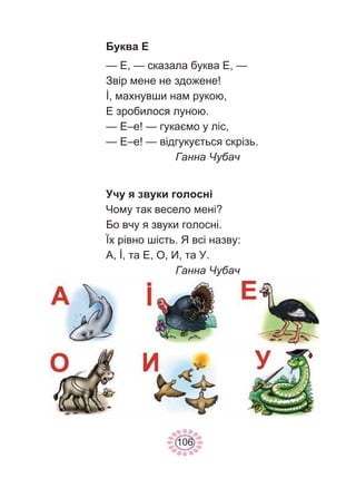 106
Буква Е
— Е, — сказала буква Е, —
Звір мене не здожене!
İ, махнувши нам рукою,
Е зробилося луною.
— Е–е! — гукаємо у ліс,
— Е–е! — відгукується скрізь.
Ганна Чубач
Учу я звуки голосні
Чому так весело мені?
Бо вчу я звуки голосні.
Їх рівно шість. Я всі назву:
А, İ, та Е, О, И, та У.
Ганна Чубач
 