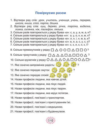 110
Поміркуємо разом
1. Відтвори ряд слів: урок, учитель, учениця, учень, перерва,
школа, книга, стіл, парта, дошка.
2. Відтвори ряд слів: кущ, дерево, річка, тарілка, виделка,
ложка, склянка, ніж, телефон, лялька.
3. Скільки разів повторюється у рядку буква «а»: с, а, у, а, м, а, н?
4. Скільки разів повторюється у рядку буква «н»: а, у, о, н, и, м, н?
5. Скільки разів повторюється у рядку буква «в»: л, н, і, н, м, в, и?
6. Скільки разів повторюється у рядку буква «с»: в, л, а, с, у, с, о?
7. Скільки разів повторюється у рядку буква «к»: с, к, л, к, н, к, і?
8. Скільки прямокутників у рядку: ?
9. Скільки трикутників у рядку: ?
10. Скільки кружечків у рядку: ?
11. Яке сонечко випромінює радість: ?
12. Яке сонечко передає смуток: ?
13. Яке сонечко передає спокій: ?
14. Назви професію людини, яка навчає дітей.
15. Назви професію людини, яка лікує людей.
16. Назви професію людини, яка лікує тварин.
17. Назви професію людини, яка керує потягом.
18. Назви професії, пов’язані з транспортом.
19. Назви професії, пов’язані з приготуванням їжі.
20. Назви професії, пов’язані з медициною.
21. Назви професії, пов’язані з будівництвом.
 